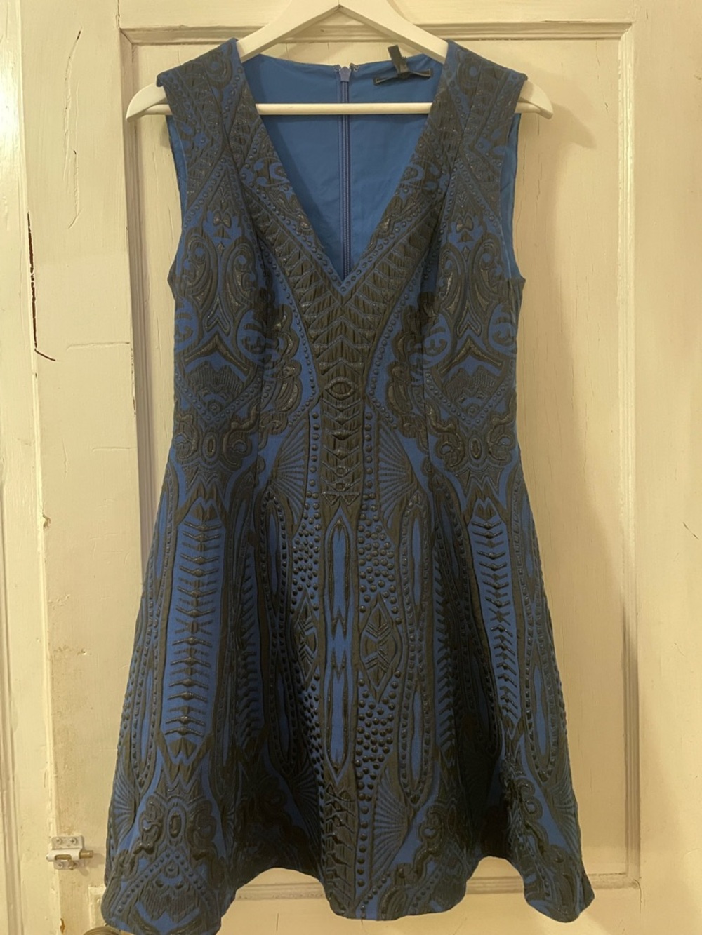 BCBGMaxAzria Blue and Black V-Neck Embroidered Mini Dress